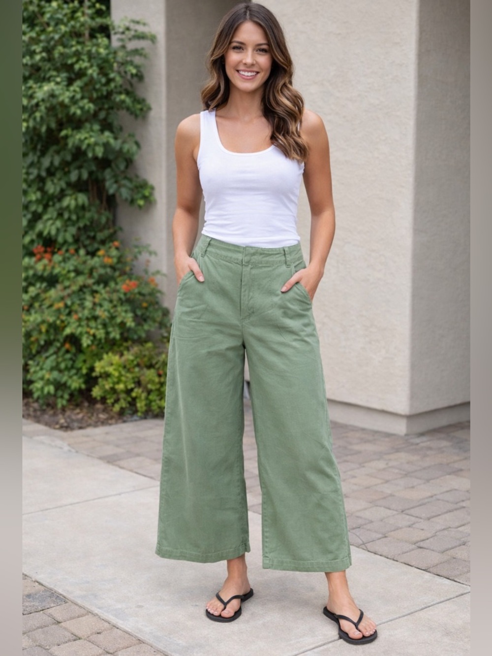 Free People Olive Green Wide Leg Cropped Pants
